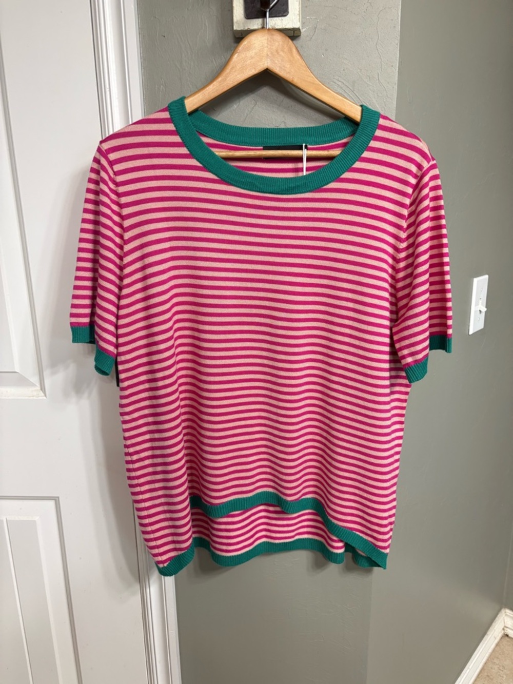 Striped Pink Short-Sleeve Knit Top with Green Trim
